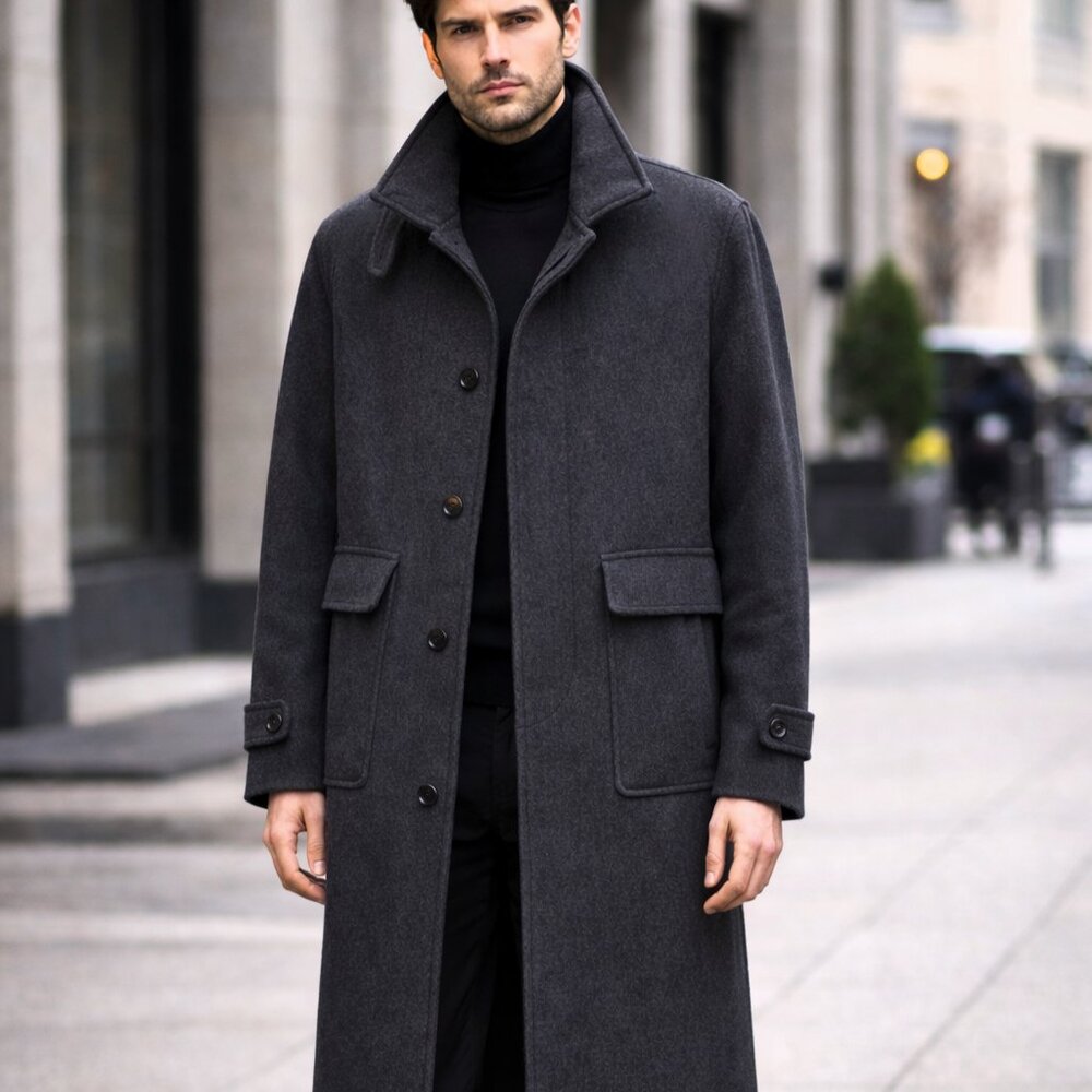 NWOT ZARA Men's Gray Wool-Blend Funnel Neck Long Coat, Sz XL